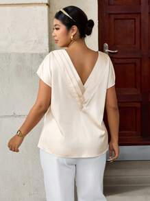 Cravure Plus Size Solid Color V-Neck Summer Casual Fashion Short Sleeve Shirt - Apricot - View 2
