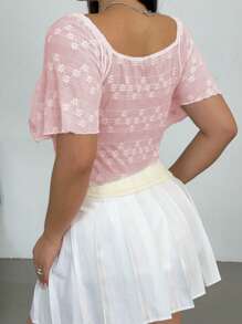 Flirla 加大码方领接缝贝壳带腰部荷叶边下摆荷叶边袖衬衫