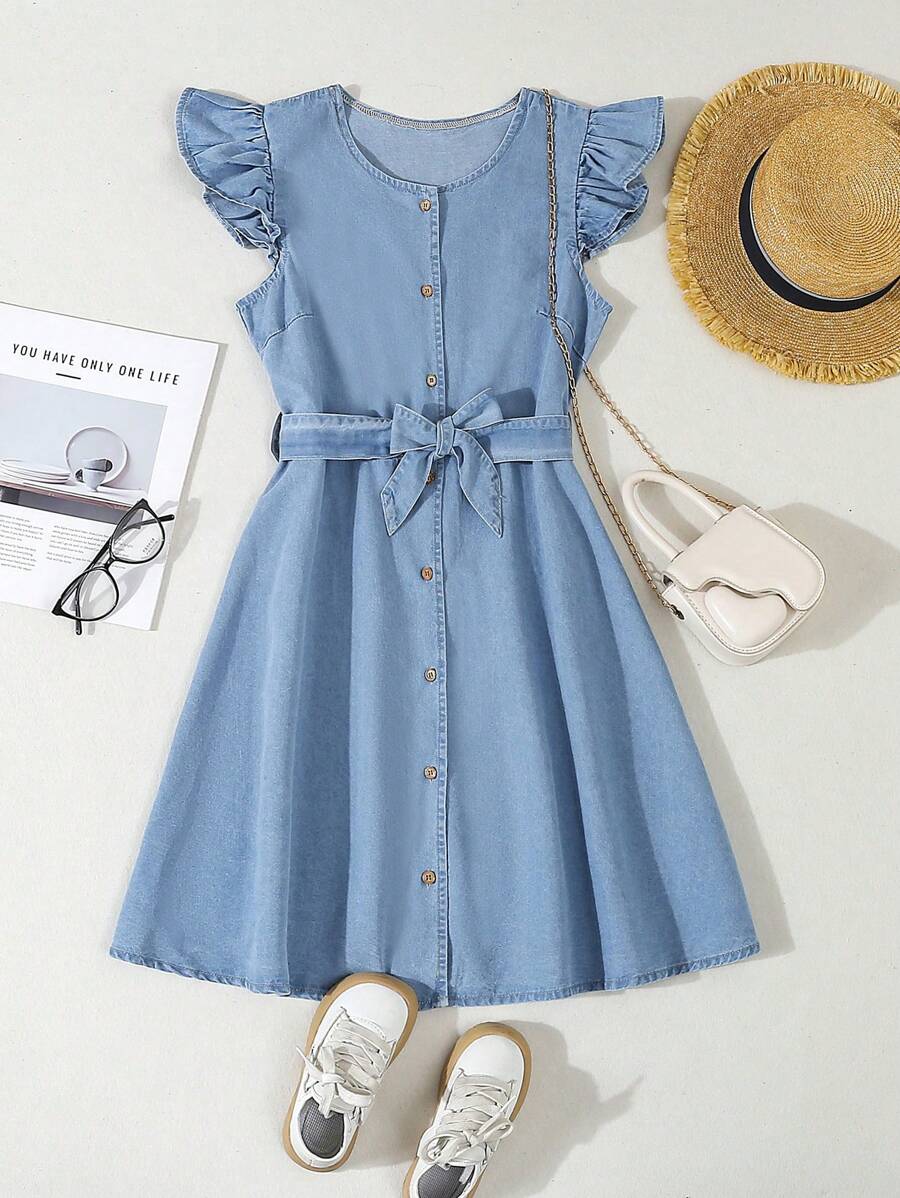 Vestido vaquero azul desgastado de manga corta con escote en V, ajustado y delgado, de uso versátil casual diario, para niñas adolescentes, verano - Azul lavado medio - Ver 1