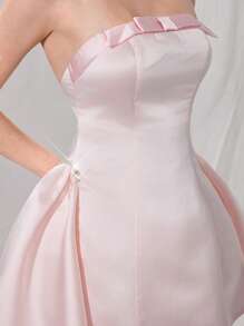 Poshira Vestido elegante para mujer con decoración de cristal para banquete sin tirantes, vestido casual de mujer para cumpleaños, vestido corto de verano para mujer, vestido de mujer para el trabajo de verano, vestido de fiesta, boda y graduación para mujer, de tela fina y suave, con lazo, cuentas y decoración de diamantes - Rosa Pálido - Ver 8
