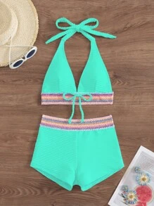 SHEIN Swim 2 chiếc/bộ mới xuân/hè màu xanh lá cây buộc dây xoắn hở lưng crop top và quần short, đồ bơi bikini dự tiệc bãi biển giản dị cho nữ - Màu xanh Bạc hà - Xem 3