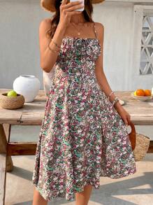 Breezaya 女式碎花细肩带修身长裙，露背复古开衩设计，时尚派对和约会佳选 - 彩色 - 查看 4