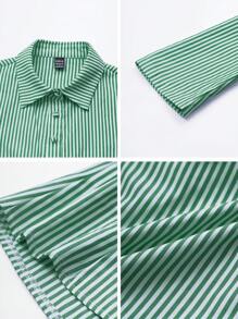 Chiquease 法式修身蓝白条纹长袖优雅优雅办公室职业装女衬衫 - 綠色 - 查看 5
