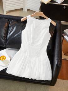 女士夏季镂空刺绣无袖迷你碎花蕾丝连衣裙，优雅淑女度假连衣裙，毕业礼服 - 白色 - 查看 7