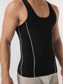 Men's Contrast Trim Sleeveless Compression Tank Top - Black - View 5