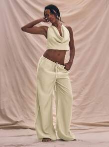 MUSERA Draped Halter Neck Strappy Linen Top Summer Holiday Vacation Cute Only Fall Autumn Carnival Festival Spring - Cream - View 5