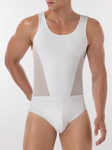 SHEIN Męski jednokolorowy kombinezon bez rękawów z pustym wzorem - Biały - Zobacz 3