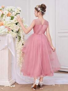 Tween Girl Long Embroidered Layered Ruffled Hem Tutu Dress With Round Neck, Pink, Suitable For Wedding, Party, Birthday, Events - Dusty Pink - View 7