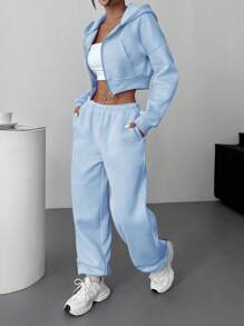 SHEIN EZwear 女士休闲纯色落肩宽松拉链短款连帽衫和运动裤套装 - 藍色 - 查看 4