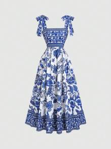 Sweetra Women's Tie-Waist Ditsy Floral Mini Dress, Vintage Inspired Sleeveless Elegant Party Summer Dress, Red Luxurious Chic Bodycon Sexy