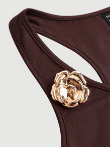 SHEIN MOD Đầm xòe không tay trang trí hoa 3D bằng kim loại thanh lịch cho nữ - màu nâu - Xem 3