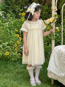 DAZY Girls Lace Trim Short Sleeve Mesh Summer Dress, Toddler Size