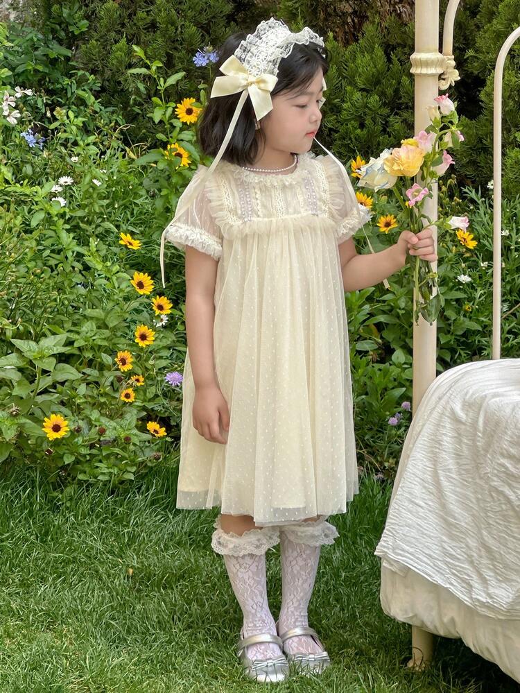 Girls Lace Trim Short Sleeve Mesh Summer Dress, Toddler Size