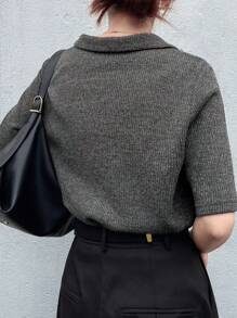 FRIFUL Women's Fitted Polo Collar Metal Button Decor Short Sleeve T-Shirt, Summer Ribbed Shirt Collared Shirt Knit Top Summer Top Preppy Top