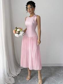 Elenzga Women's Bow-Knot Splicing Chiffon Pleated A-Line Dress - Pink - View 6