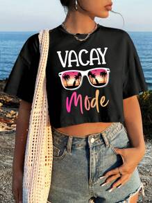 SHEIN VCAY 休闲宽松圆领短袖 T 恤上衣，带有椰子树和太阳镜图案，棉混纺，适合夏季度假 - “Vacay Vibes Getaway” - 黑色 - 查看 3