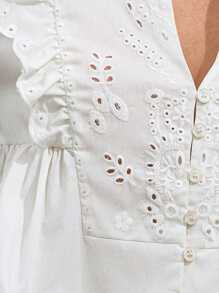 SHEIN Privé New French Fashion Vacation Youthful Minimalist Versatile Casual Round Collar V-Neck Design Embroidery Lace Panel Ruffled Loose Hem Short Long Sleeve Women Blouse Fall Cloth For Women