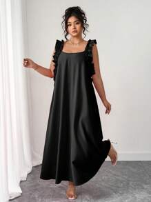 SHEIN PETITE 大码女式荷叶边方领连衣裙 - 黑色 - 查看 4