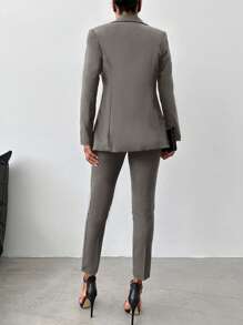 EURMUSE Ladies' Solid Color Lapel Single Button Suit Jacket And Pants Set - Grey - View 2