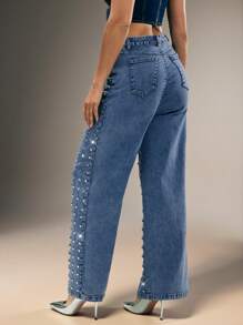 Denimoi Jeans de pierna ancha con lavado suave y remaches - Azul lavado medio - Ver 3