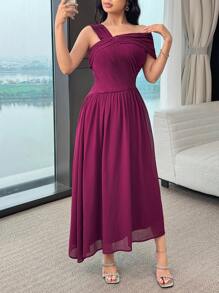 Modelyn Women's Solid Color Asymmetric Neck Ruffle Elegant Dress