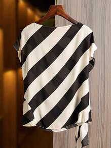 Franclia Women's Striped Commuter Elegant Short Sleeve Blouse - Black - View 8