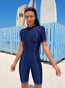 Swim SPRTY 1pc Contrast Stitching Beach Surfing Suit For Summer Beach Vacation