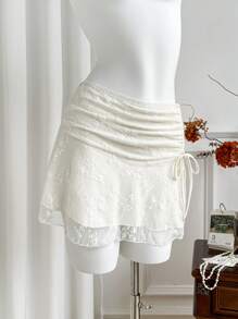 Sweetra 女士花卉蕾丝侧抽绳时尚短裙 - 杏色 - 查看 5