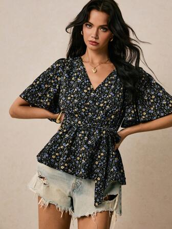 Poéselle 女士休闲碎花短袖衬衫，度假风格