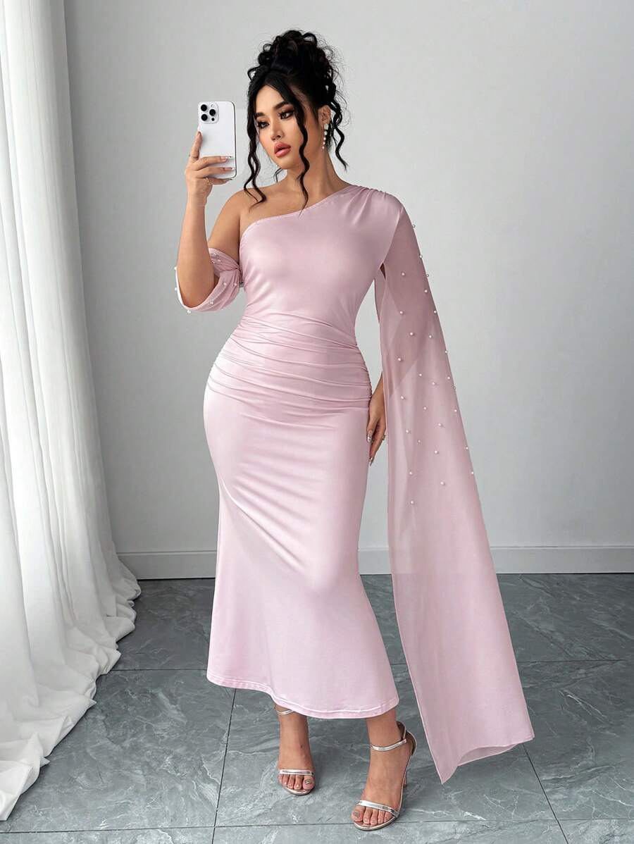 Elenzga Abito da donna in stile moda con inserto in rete, decorato con perle, abito che scolpisce la vita