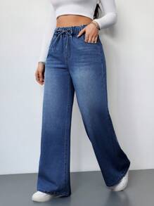 SHEIN Tall Women's Jeans Casual High Waist Wide Leg Trousers Blue Women's Jeans Women's Summer Clothing Elastic Waistband Jeans Jeans Casual Loose Straight Pants - Dark Wash - View 5