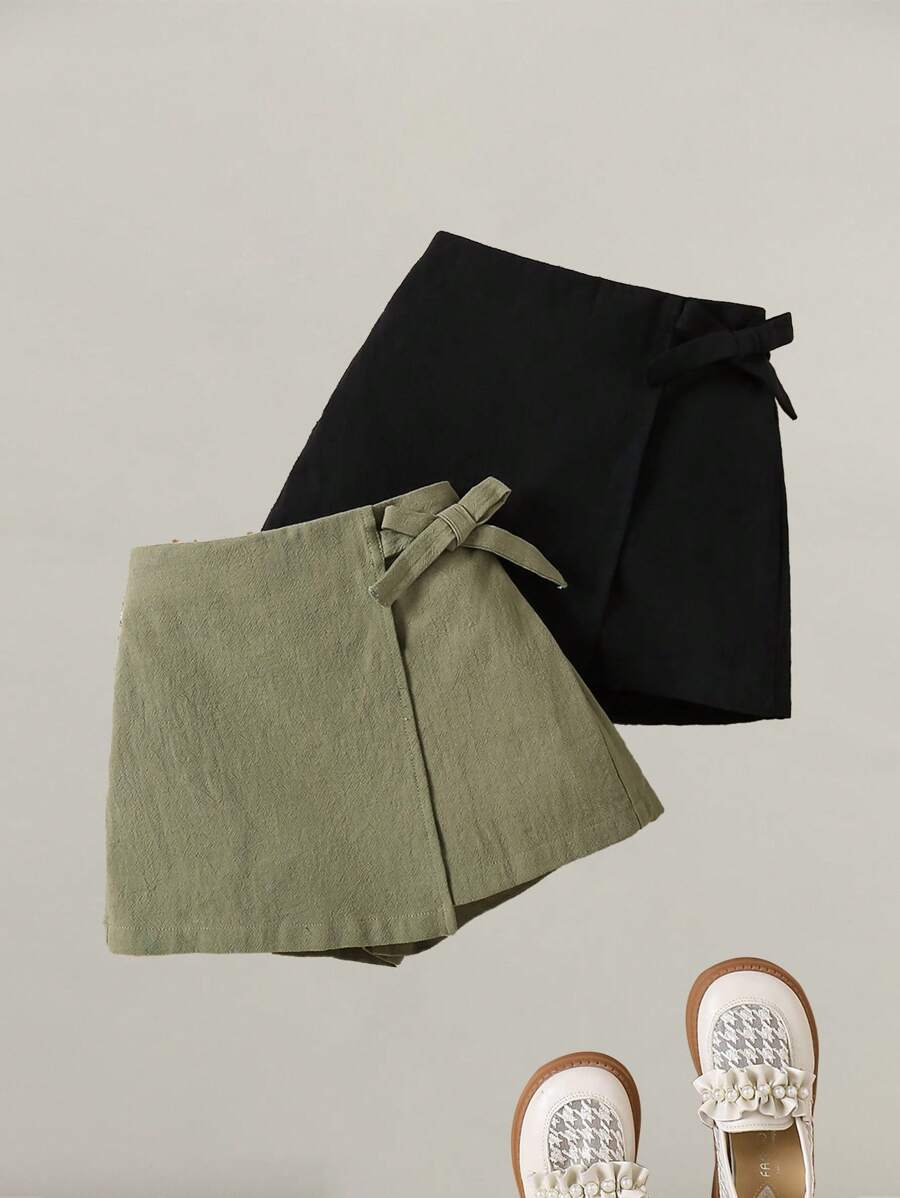 SHEIN Set de 2 shorts informales ajustados de unicolor trenzados para niñas jóvenes