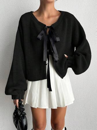 Women's Drop Shoulder Long Sleeve Bowknot Tie Front Chunky Knit Cardigan