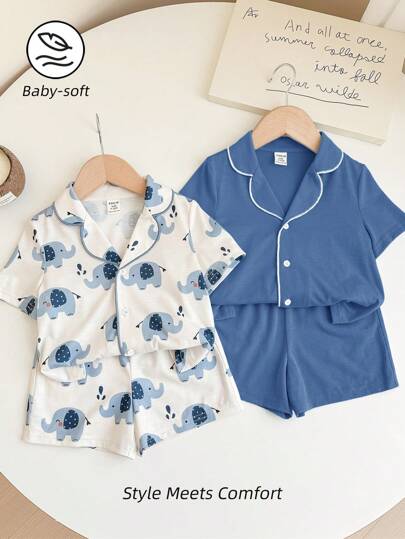 SHEIN Conjunto de pijama de 4 piezas para bebé niño con estampado de elefantes de dibujos animados, unicolor, solapa con botones, mangas cortas y shorts sueltos y cómodos