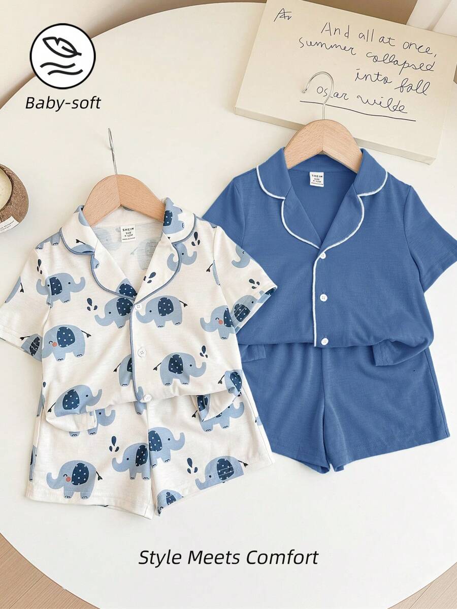 SHEIN 4pcs Baby Boy Cute Cartoon Elephant Print Solid Color Lapel Button Short Sleeve Shorts Loose Comfortable Pajama Set Graphic - Multicolor - View 1