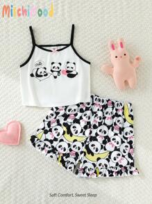 2 件套青少年女孩可爱熊猫图案印花背心和短裤睡衣套装，睡衣 - 彩色 - 查看 3