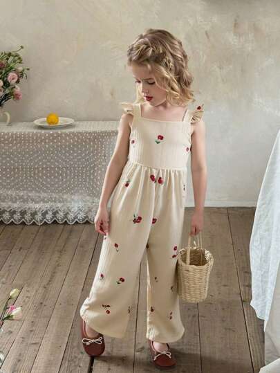 Genkimix Kids 1 Stück Vintage Lässig Slim-Fit einzigartiger Kirsche Allover Muster Romper, geeignet für Outdoor-Aktivitäten und Schule im Sommer