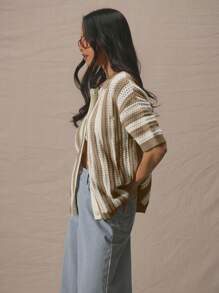 MUSERA Boxy Oversized Drop Shoulder Button Through Short Sleeved Cardigan,Blue And White Stripe,Autumn,Casual,Vacation,Holiday,Beach,Back To School,Chic - Brown - View 2