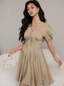 Heiryn Vestido corto de manga abullonada de color liso elegante para mujer, de verano