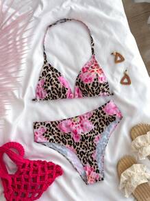 SHEIN Leap Crew Teen Girl Leopard Print Spaghetti Strap Tank Top And Matching Leopard Print Bikini Swimsuit Set, Summer Holiday - Pink - View 9