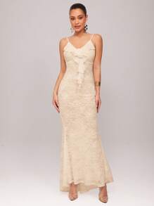 Silquee 女士优雅浪漫 3D 花卉装饰情人节/节日吊带连衣裙，飘逸透明蕾丝拼布荷叶边下摆 - 杏色 - 查看 6