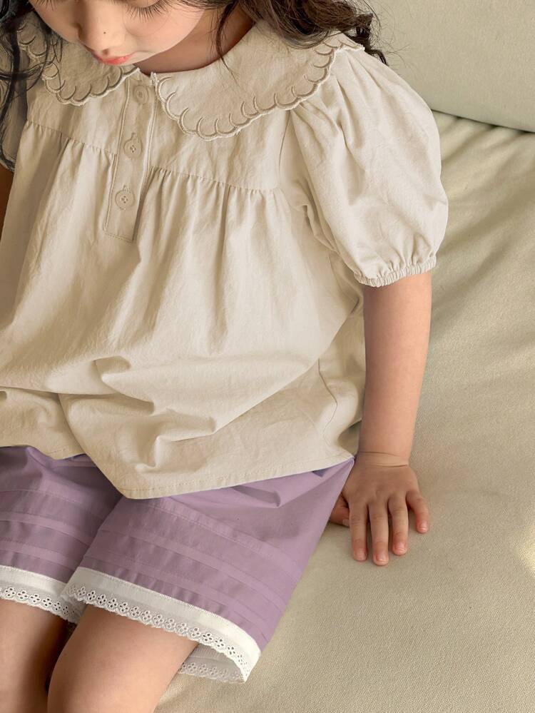 2pcs/Set Young Girl Plain Collar Puff Sleeve Top And Shorts Set,Girls Summer Outfits
