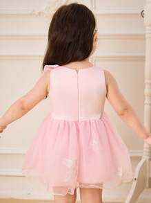 SHEIN Glamorique Kids 女婴无袖连衣裙，蝴蝶装饰和多层网眼设计，春夏季 - 淺粉色 - 查看 2