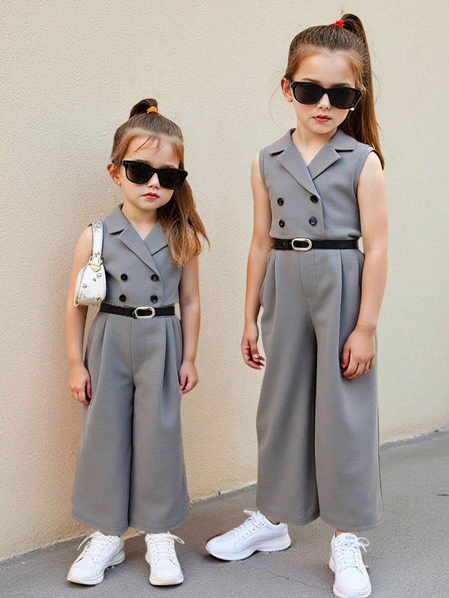 SHEIN Nova Glow Young Girl's Solid Color Collared Double Breasted Fitted Casual Jumpsuit - Grey - View 1