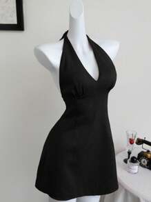 Elamini Vestido de línea A con cuello de pico profundo, cordón y espalda descubierta, sexy y elegante, para primavera/verano