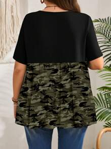 EMERY ROSE 大码假日休闲短袖黑色拼接迷彩束腰女式T恤，简约设计，适合春夏季节度假穿着 - 彩色 - 查看 2