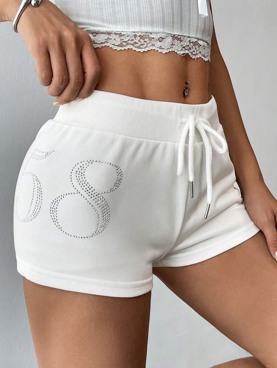 INAWLY Women's Casual Rhinestone Embellished Numbered Shorts, Summer - White - View 1