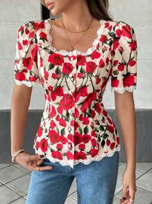 Pariaura 女式法式短袖花卉蕾丝衬衫 - 紅色 - 查看 5