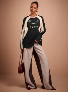 COSMINA Áo thun tay dài phối màu họa tiết raglan thường ngày cho nữ, Xuân/Thu - màu đen - Xem 3