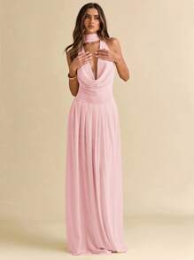 SHEIN BAE Women's Solid Color Mesh Plunging Neck Backless Ruffle Hem Sheer Dress, Sexy Vacation Style